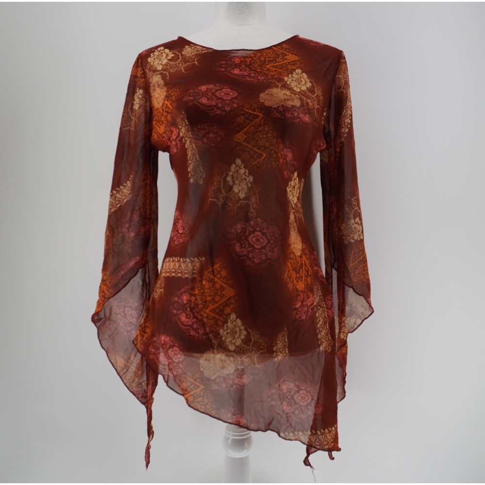 Vintage Sheer Mesh Paisley Handkerchief Hem Bell Sleeve Top M Fairy Grunge Y2K